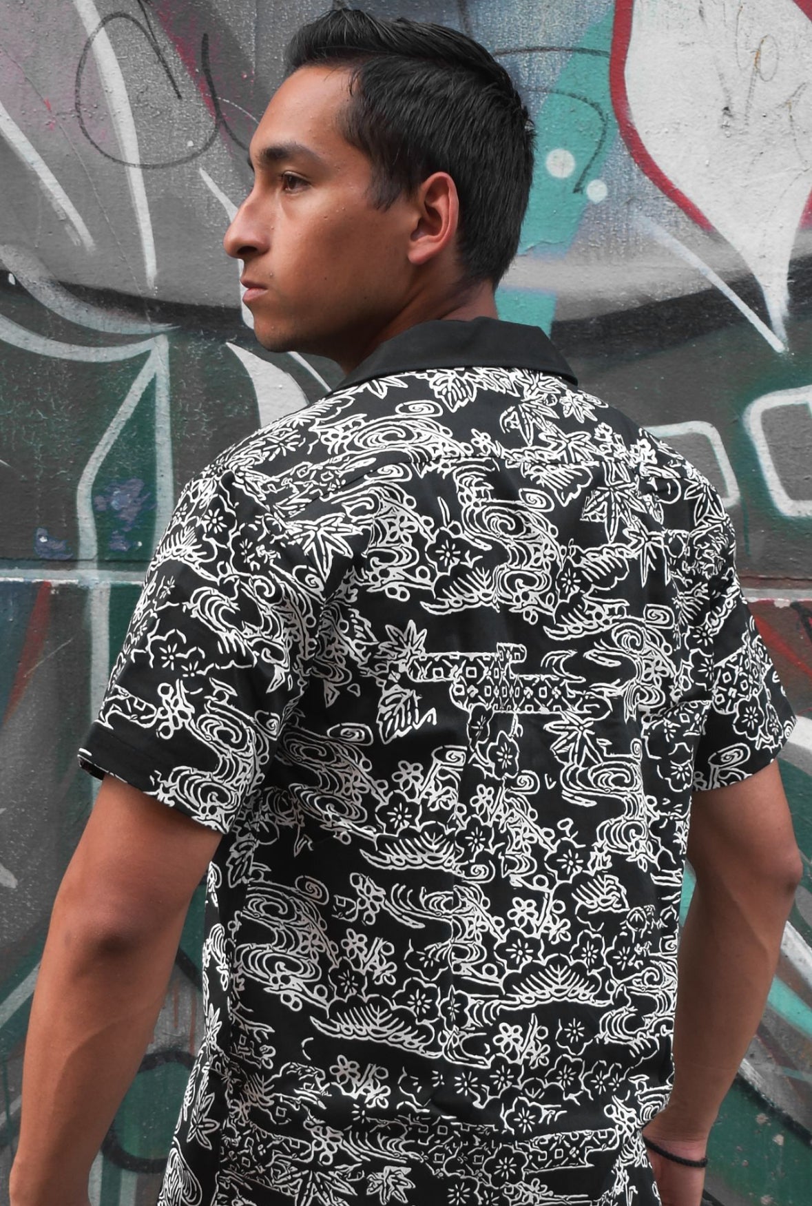 Okinawa Textile Pattern Button-Up Shirt with Pocket